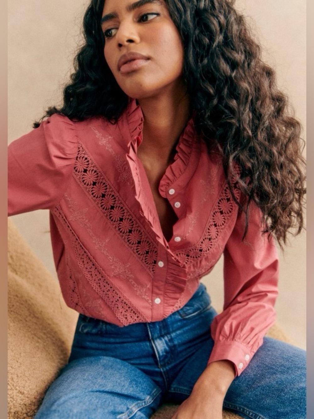 Sezane Lou Shirt Long Puff Sleeve Embroidered High Neck Ruffle Blouse Size 46/14